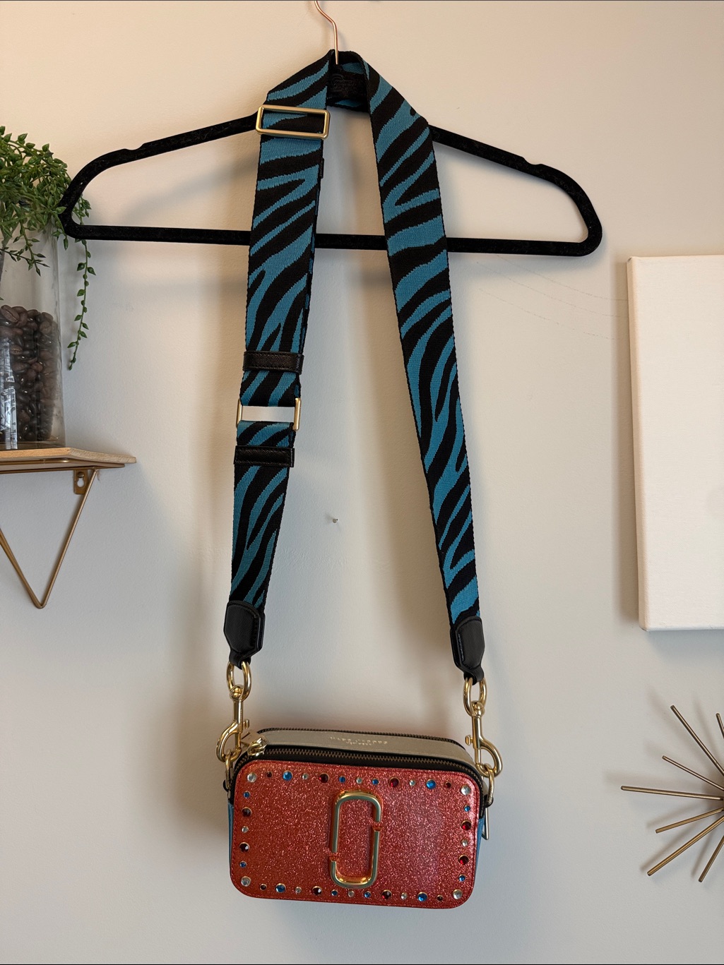 Marc Jacobs Glitter Crossbody Snapshot Bag With Blue Zebra Strap